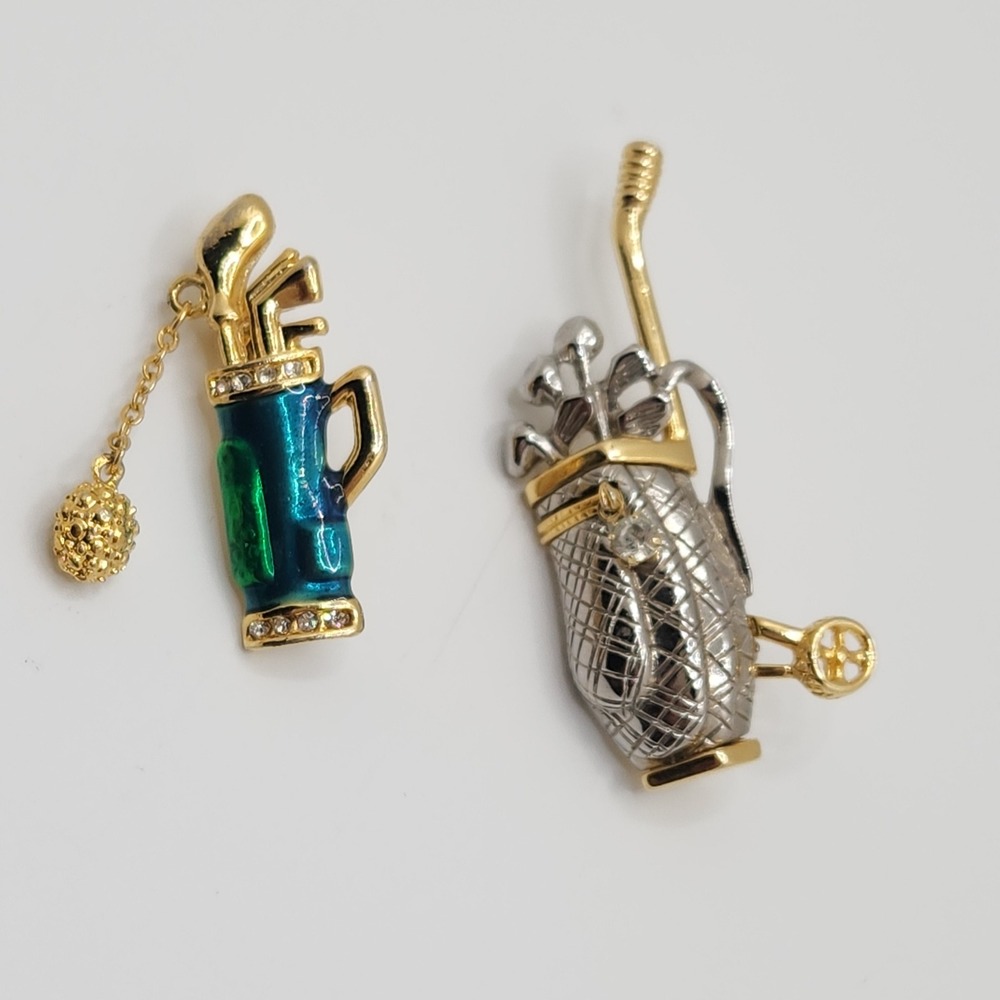 Vintage Enamel Rhinestone Golf Bag Brooch Pin Set 2pc Country Club Golfer Gift